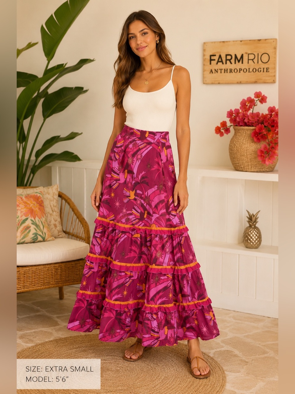 Farm Rio Anthropologie XS Tropical Toucan Jungle Flow Tiered Maxi Skirt NWT Vaca